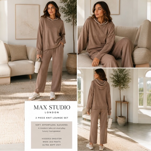 Max Studio Pants - Max Studio 2 Piece Knit Lounge Set XL Taupe Hooded Sweater Wide Leg Pants NWT